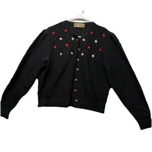 Kitz Pichler Black Wool Chunky Knit Cardigan Women’s Medium Austria Embroidered
